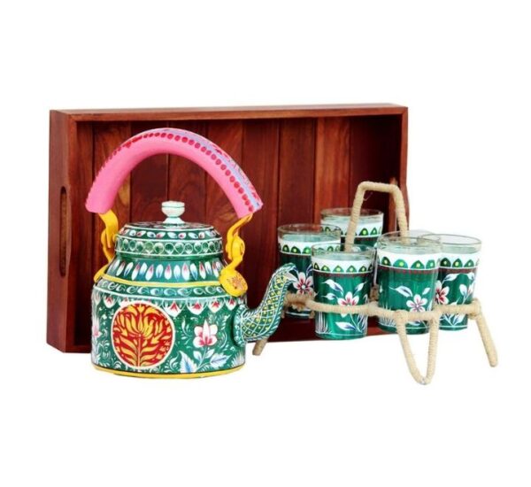 Handpainted Kettle Set Design 24 (1 Kettle, 6 Glasses, 1 Tray)